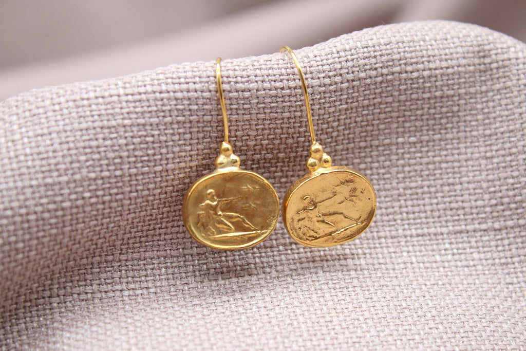 Athena Coin Drop Earrings Gold Plated Sterling Silver Ancient Greek Jewelry