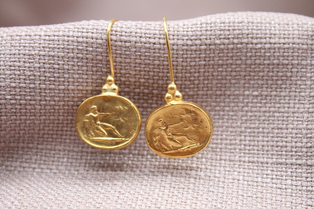 Athena Coin Drop Earrings Gold Plated Sterling Silver Ancient Greek Jewelry