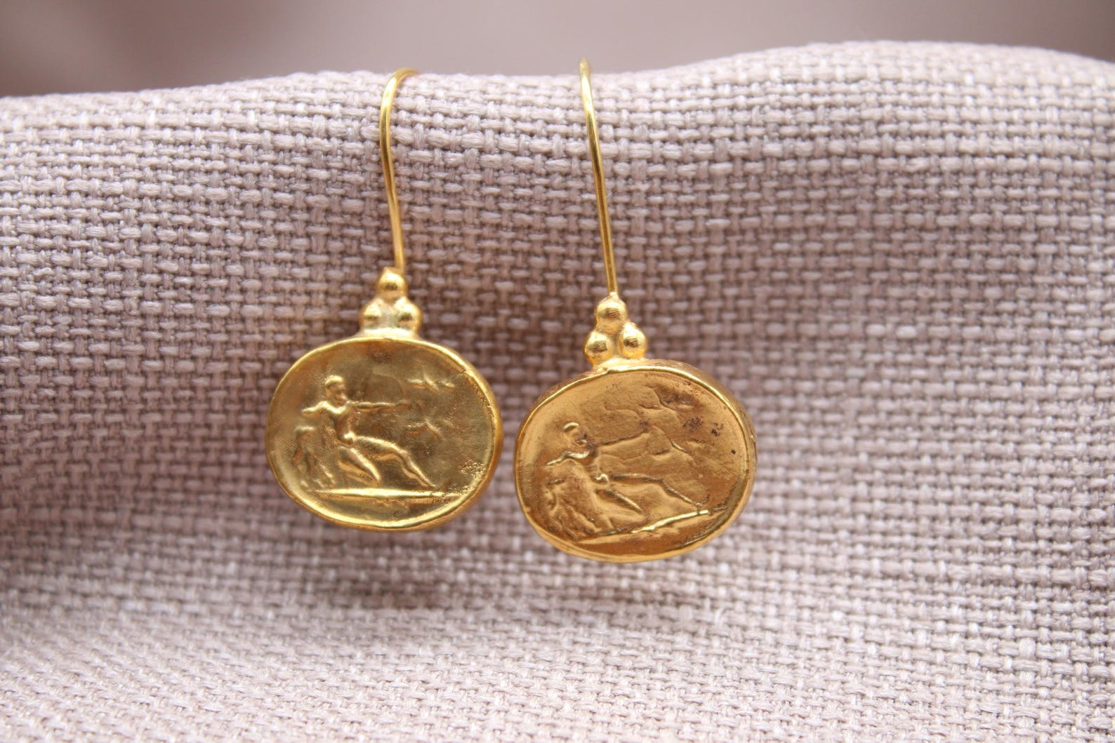 Athena Coin Drop Earrings Gold Plated Sterling Silver Ancient Greek Jewelry