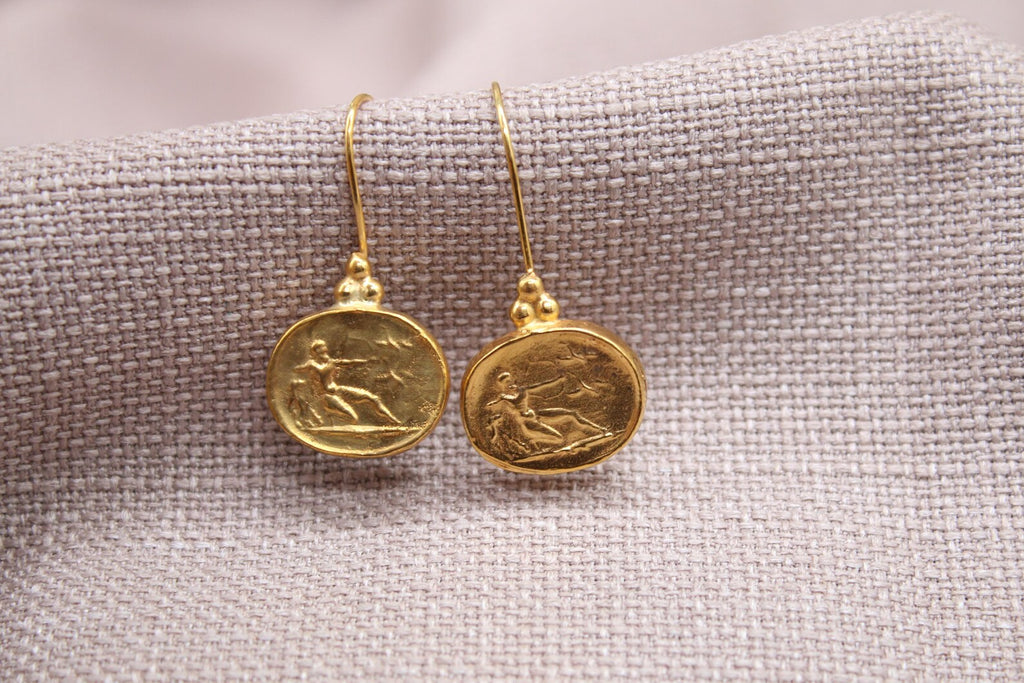 Athena Coin Drop Earrings Gold Plated Sterling Silver Ancient Greek Jewelry