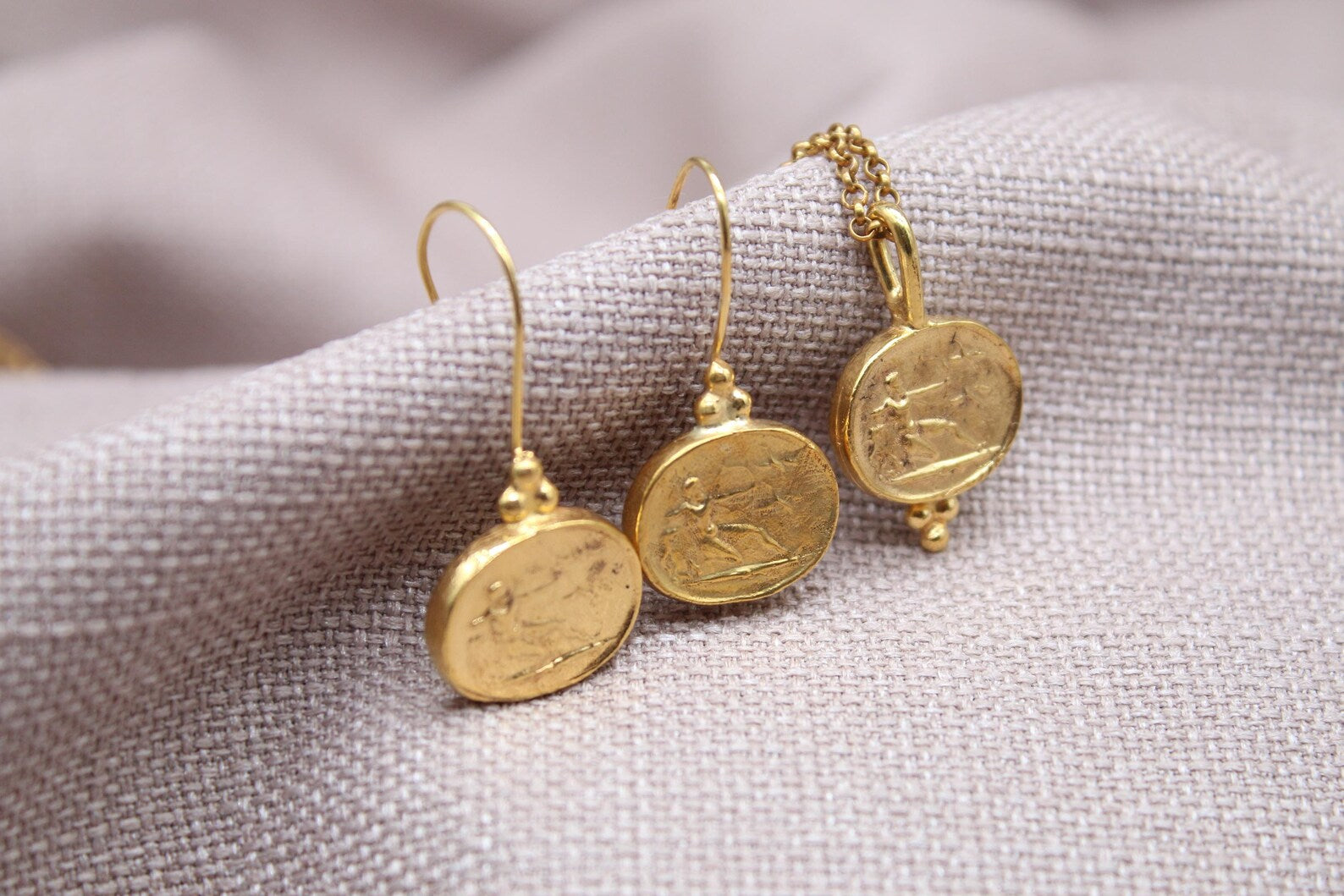 Athena Coin Jewelry Set Gold Plated Sterling Silver Greek Necklace Earrings
