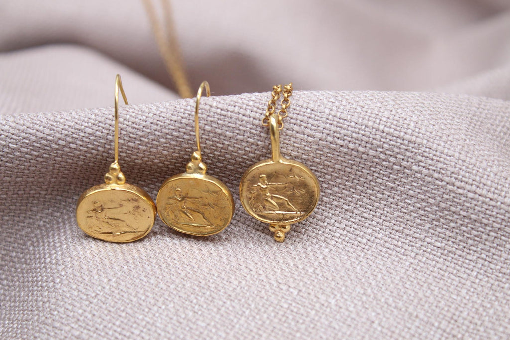 Athena Coin Jewelry Set Gold Plated Sterling Silver Greek Necklace Earrings