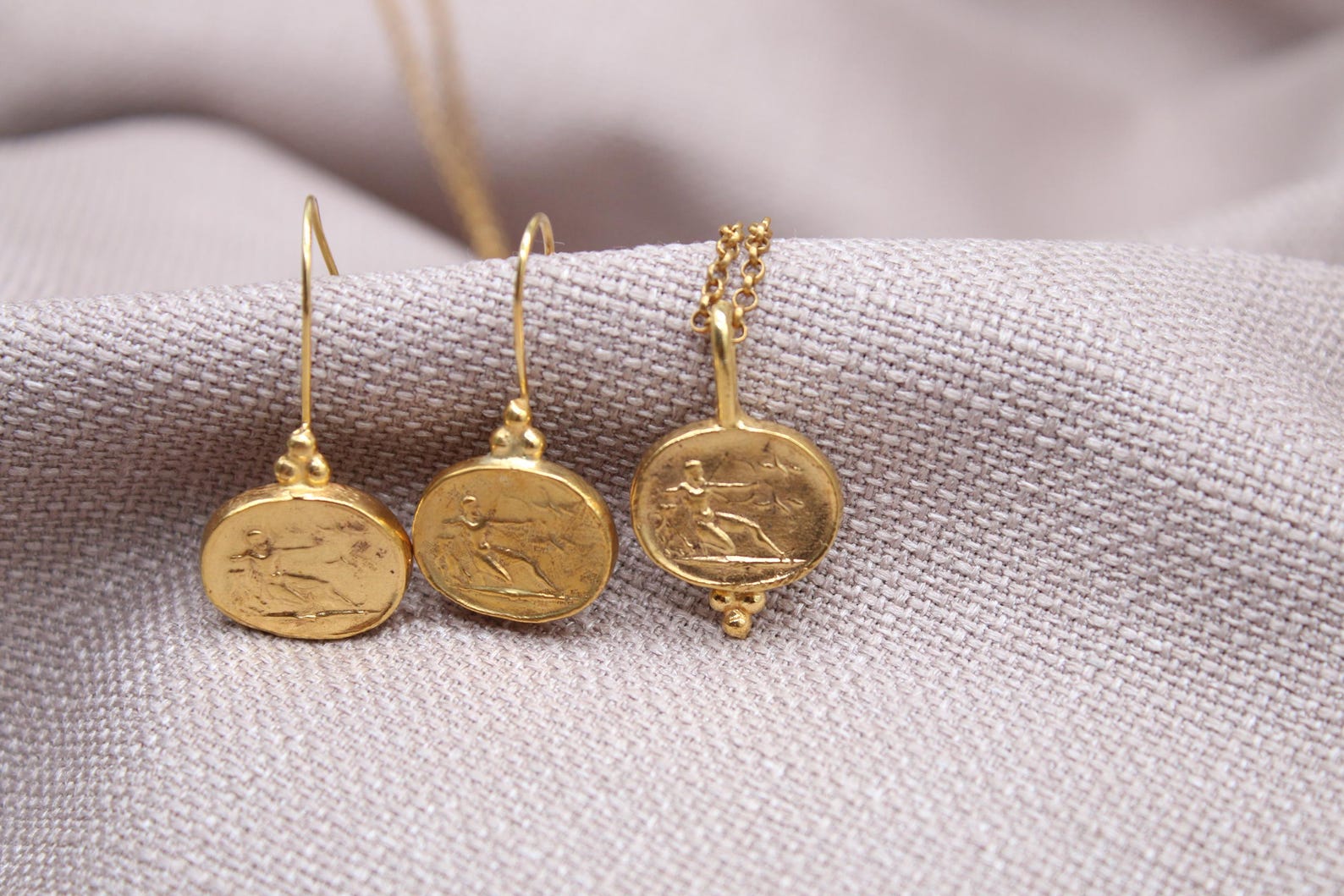 Athena Coin Jewelry Set Gold Plated Sterling Silver Greek Necklace Earrings
