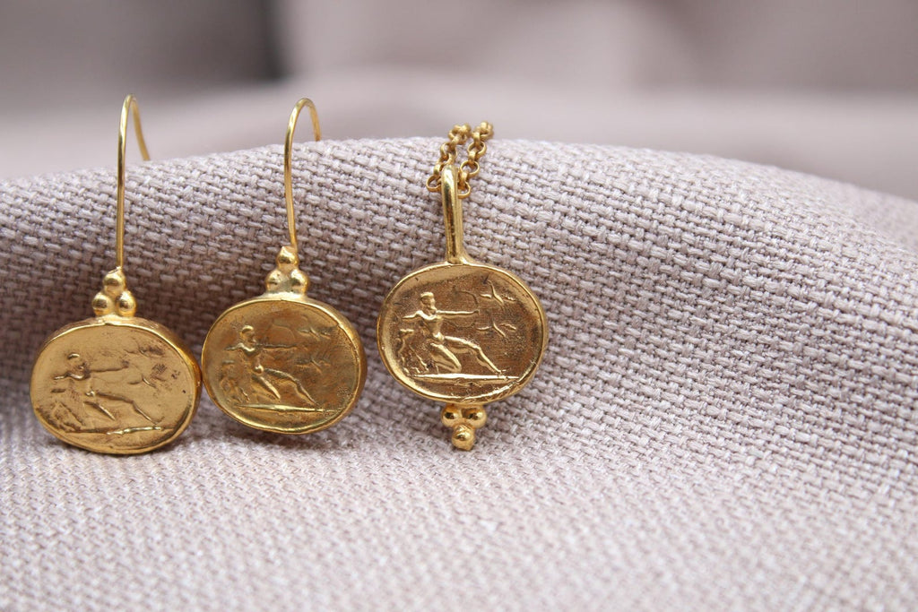 Athena Coin Jewelry Set Gold Plated Sterling Silver Greek Necklace Earrings