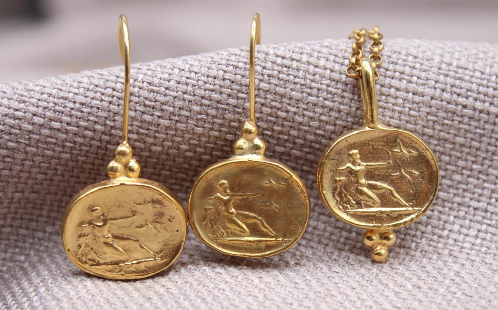 Athena Coin Jewelry Set Gold Plated Sterling Silver Greek Necklace Earrings