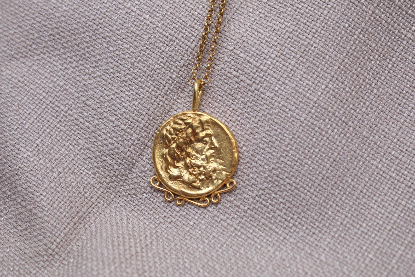 Zeus Coin Necklace Gold Plated Sterling Silver Ancient Greek Pendant
