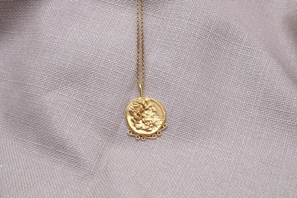 Zeus Coin Necklace Gold Plated Sterling Silver Ancient Greek Pendant