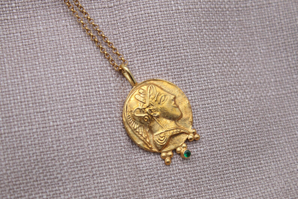 Athena Coin Necklace Gold Plated Sterling Silver Greek Goddess Pendant