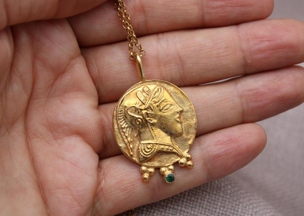 Athena Coin Necklace Gold Plated Sterling Silver Greek Goddess Pendant