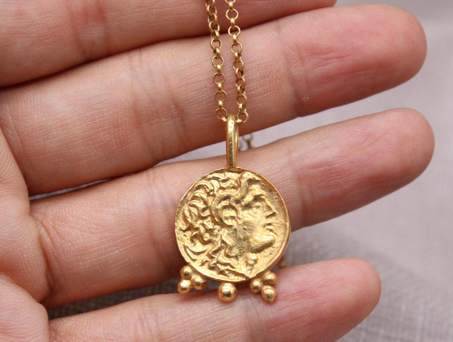Alexander Coin Necklace Gold Plated Sterling Silver Ancient Medallion Pendant