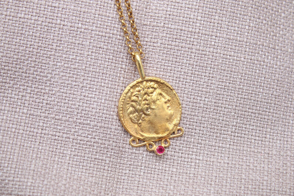 Ruby Detailed Medallion Necklace Gold Plated Silver Antique Roman Necklace