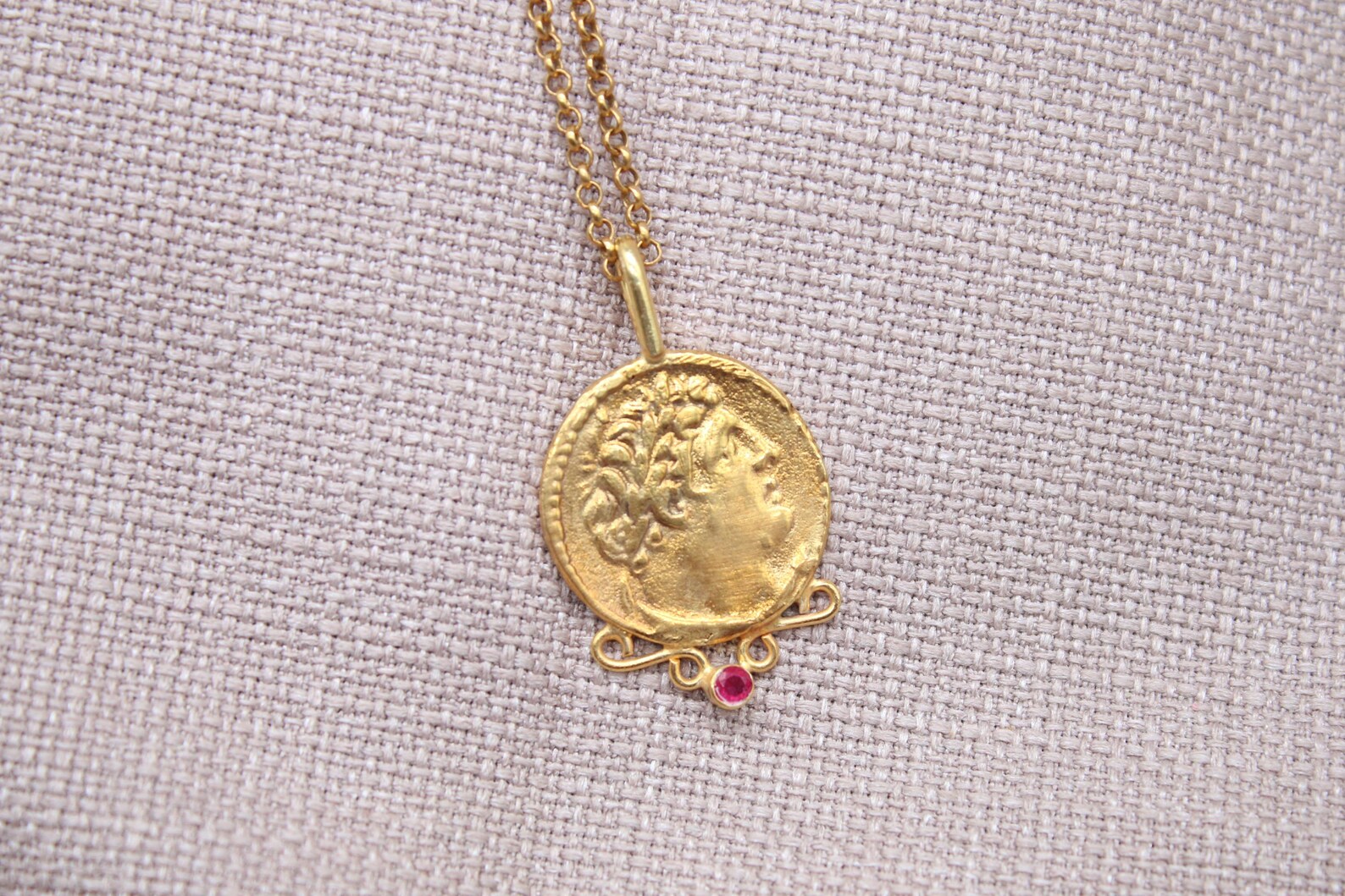 Ruby Detailed Medallion Necklace Gold Plated Silver Antique Roman Necklace