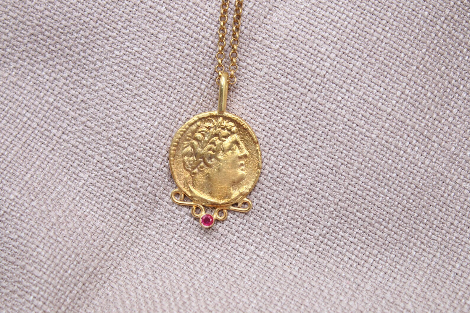 Ruby Detailed Medallion Necklace Gold Plated Silver Antique Roman Necklace