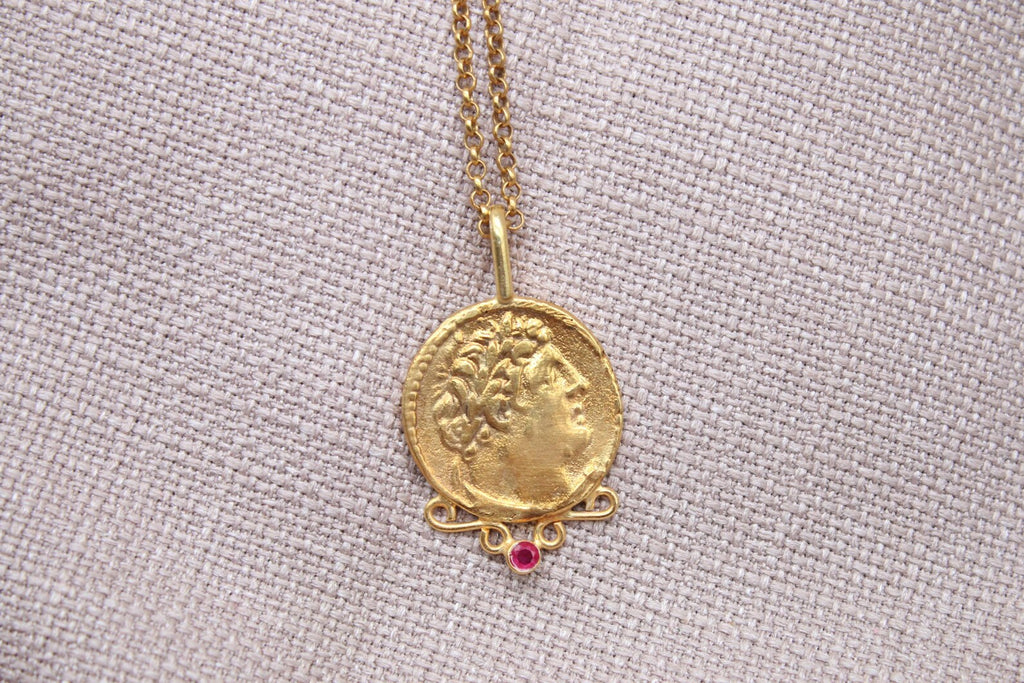 Ruby Detailed Medallion Necklace Gold Plated Silver Antique Roman Necklace
