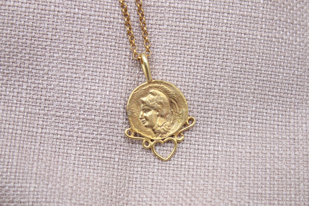 Ancient Coin Heart Necklace Gold Plated Sterling Silver Roman Pendant