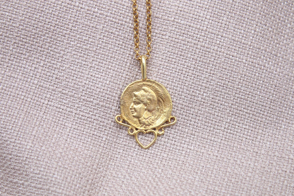 Ancient Coin Heart Necklace Gold Plated Sterling Silver Roman Pendant