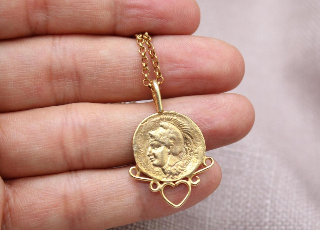 Ancient Coin Heart Necklace Gold Plated Sterling Silver Roman Pendant