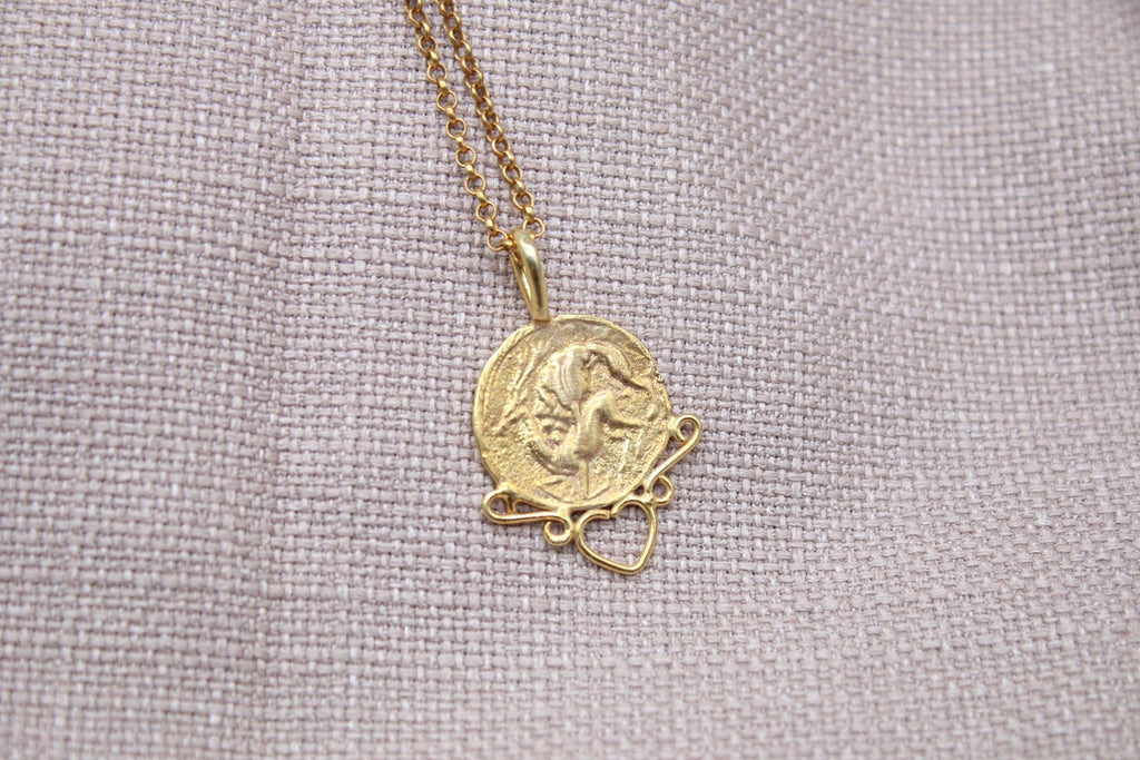 Ancient Warrior Coin Necklace Gold Plated Sterling Silver Heart Necklace