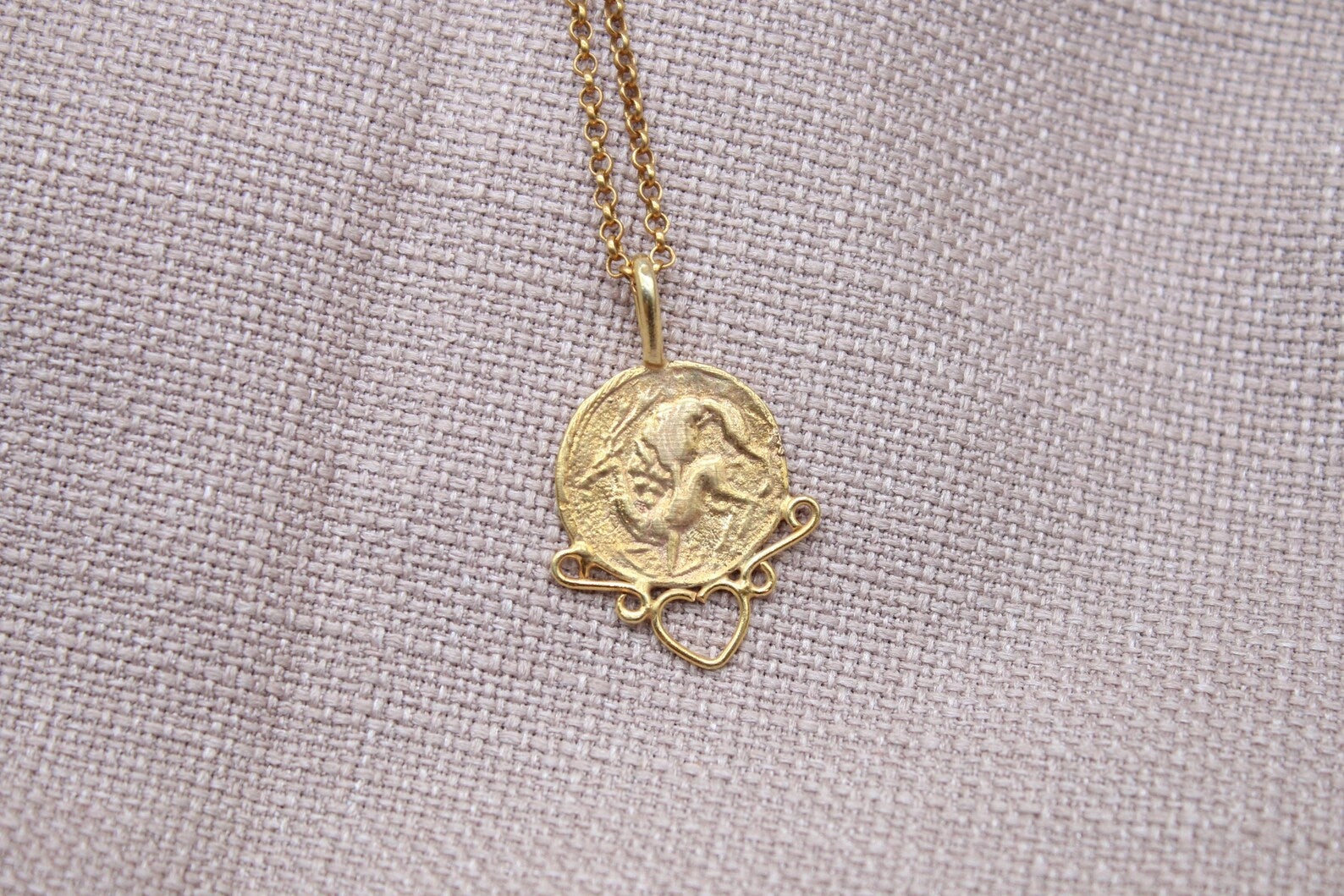 Ancient Warrior Coin Necklace Gold Plated Sterling Silver Heart Necklace