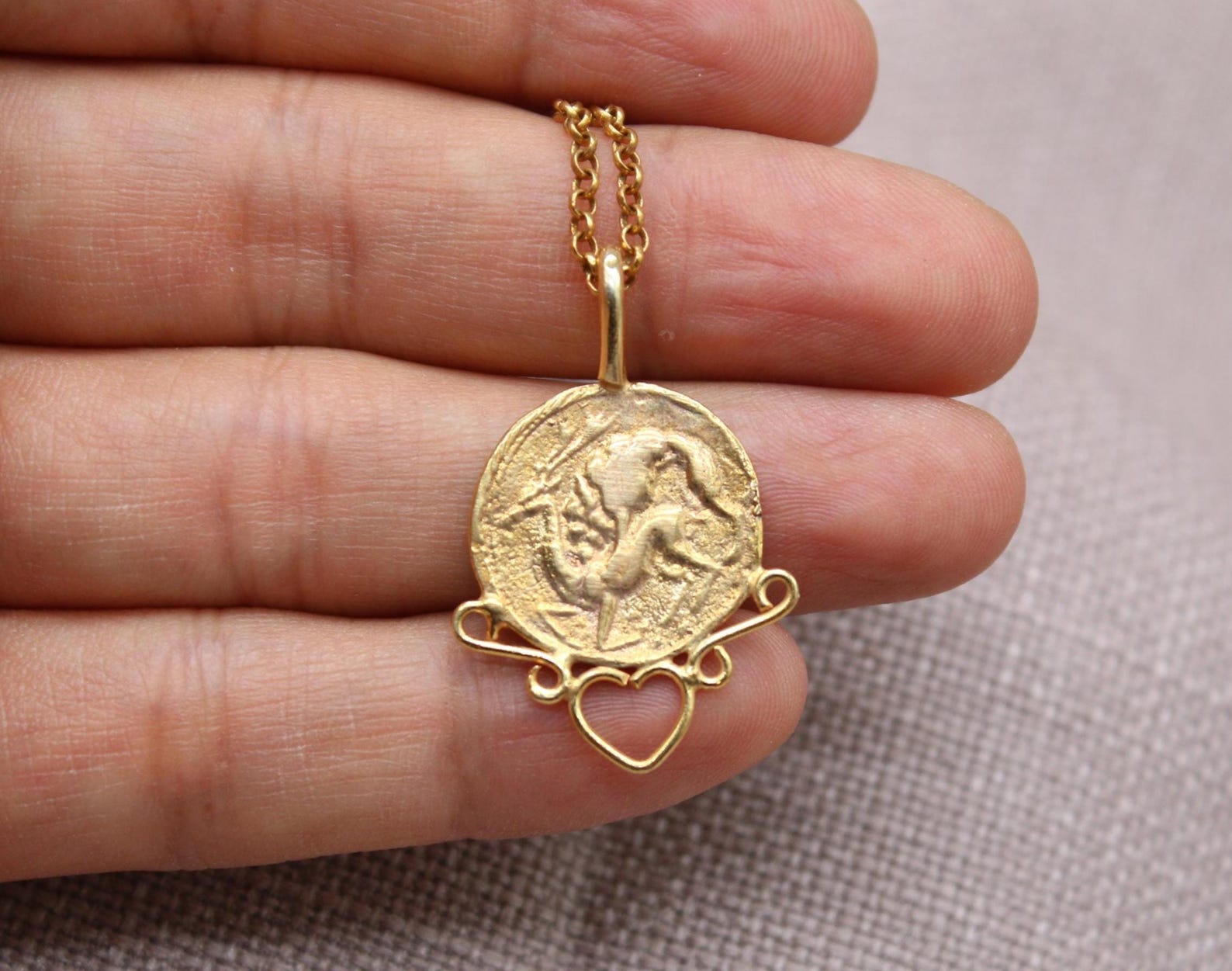 Ancient Warrior Coin Necklace Gold Plated Sterling Silver Heart Necklace