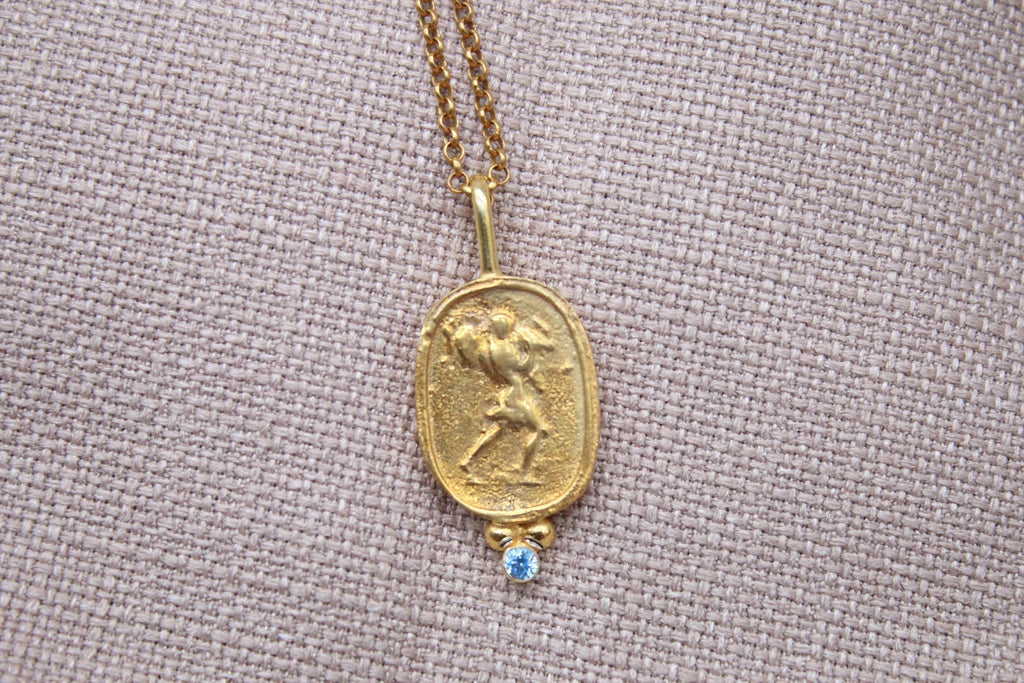 Blue Stone Ancient Coin Necklace Gold Plated Sterling Silver Pendant