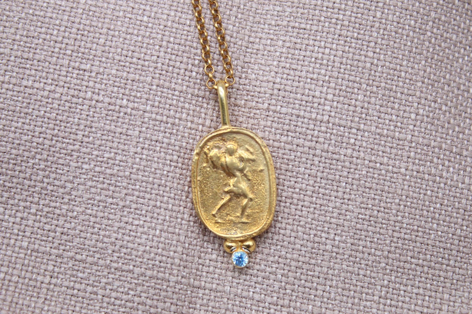 Blue Stone Ancient Coin Necklace Gold Plated Sterling Silver Pendant
