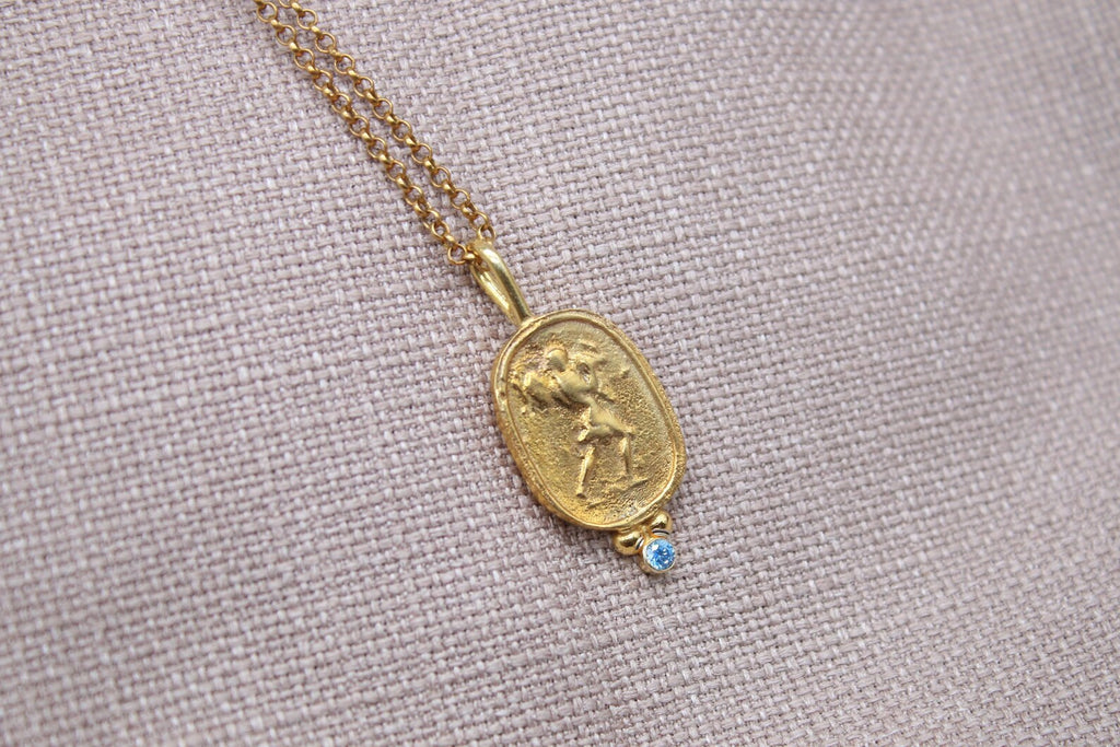 Blue Stone Ancient Coin Necklace Gold Plated Sterling Silver Pendant