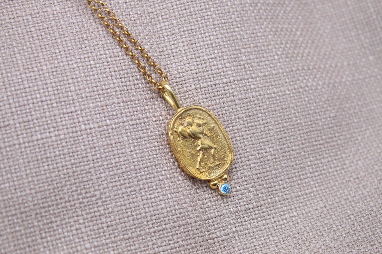 Blue Stone Ancient Coin Necklace Gold Plated Sterling Silver Pendant