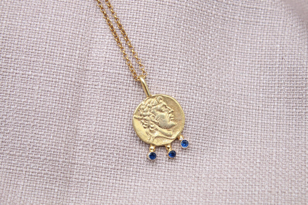 Ancient Coin Sapphire Necklace Gold Plated Sterling Silver Pendant