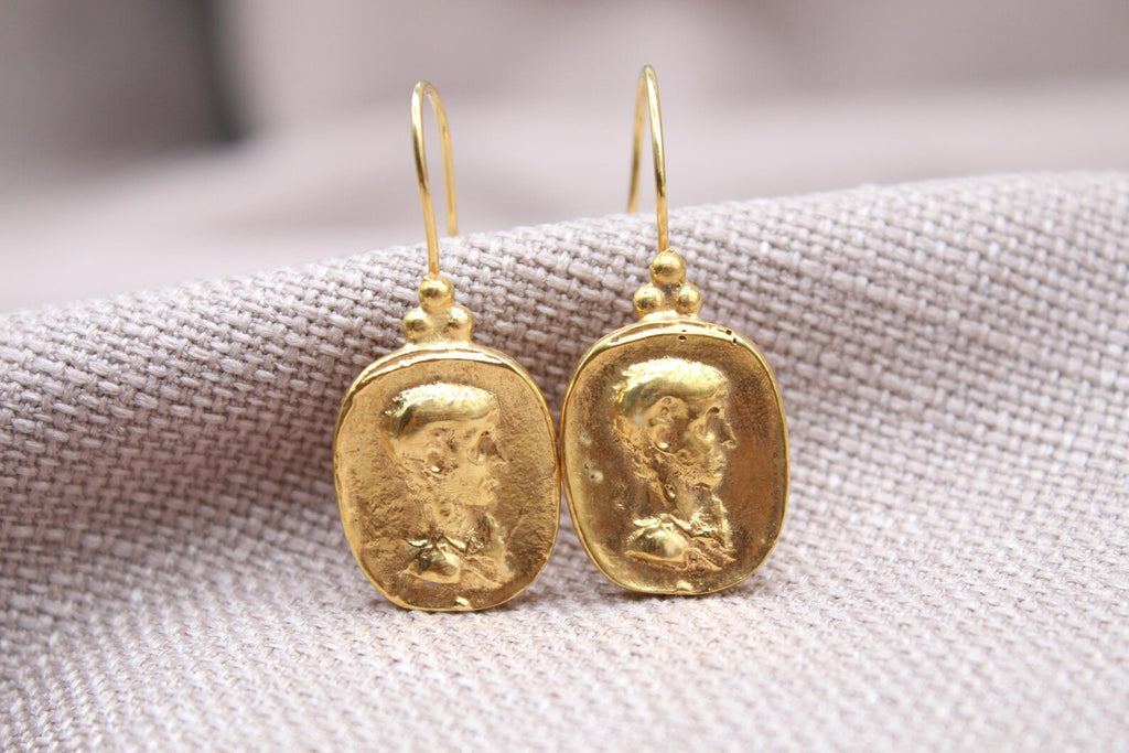 Ancient Coin Drop Earrings Gold Plated Sterling Silver Dangle Earrings