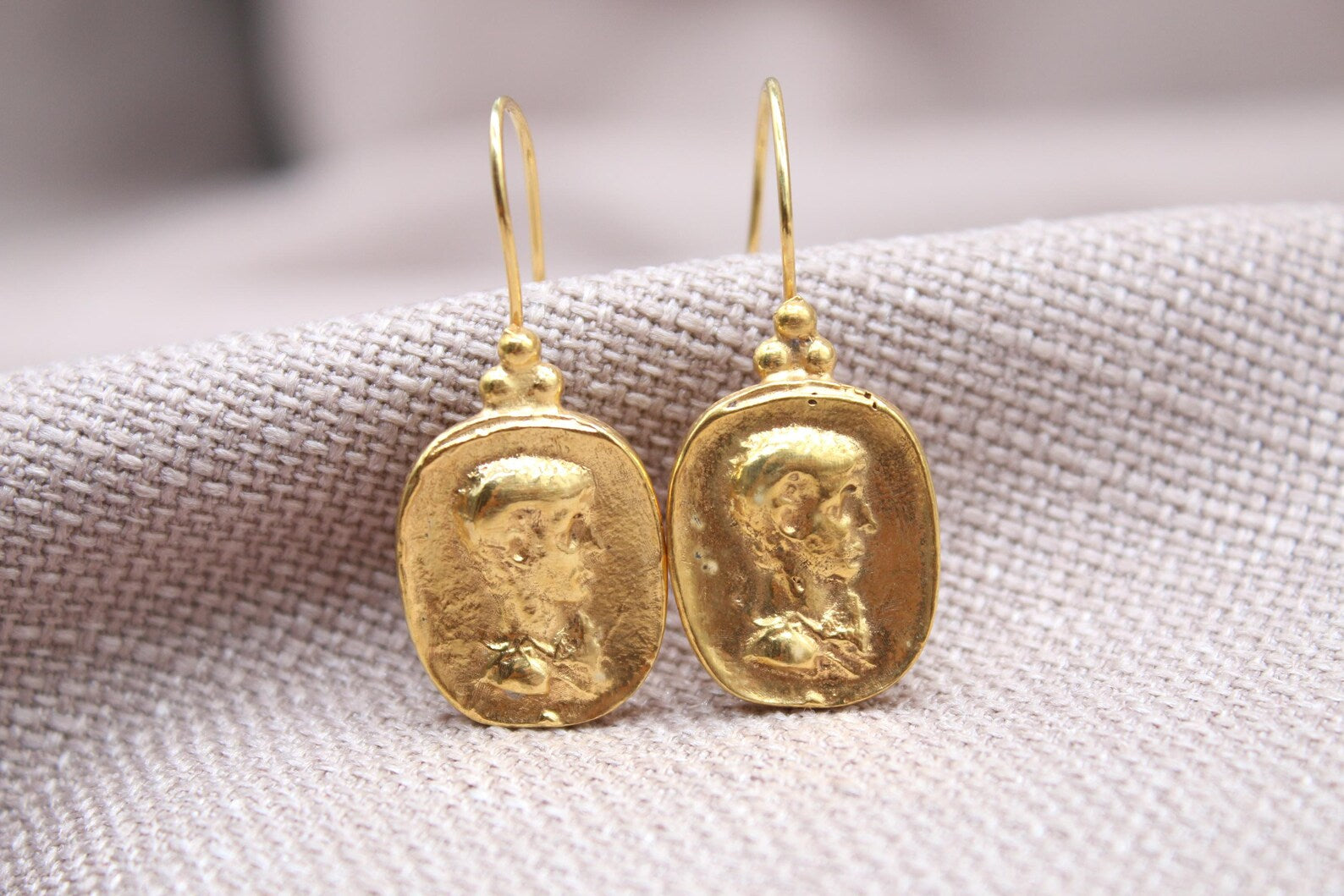 Ancient Coin Drop Earrings Gold Plated Sterling Silver Dangle Earrings