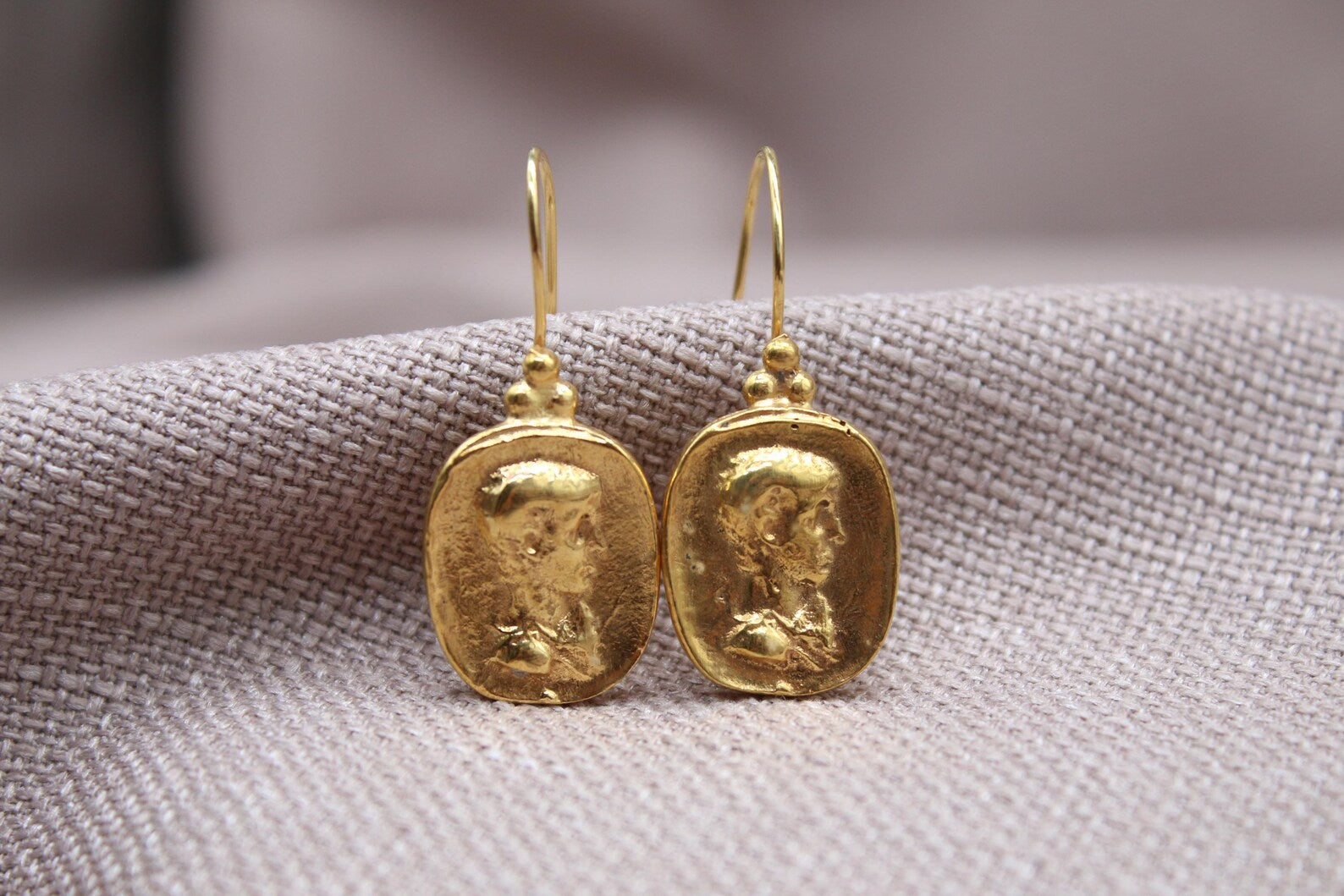 Ancient Coin Drop Earrings Gold Plated Sterling Silver Dangle Earrings