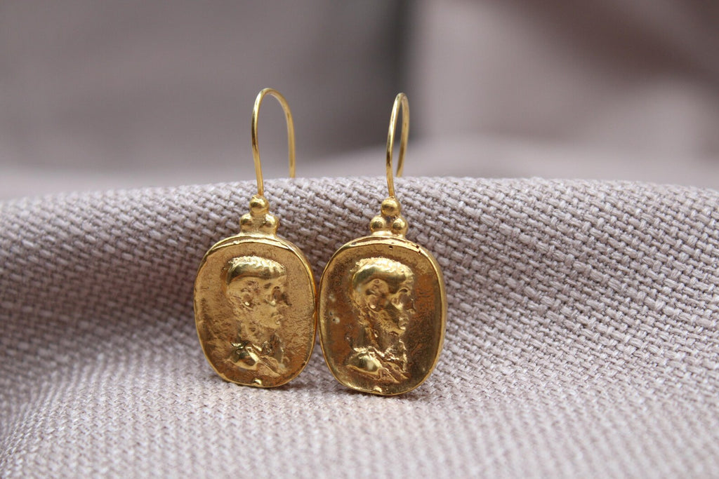 Ancient Coin Drop Earrings Gold Plated Sterling Silver Dangle Earrings