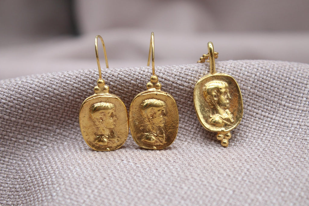 Ancient Coin Jewelry Set 22k Gold Plated Sterling Silver Necklace Earrings