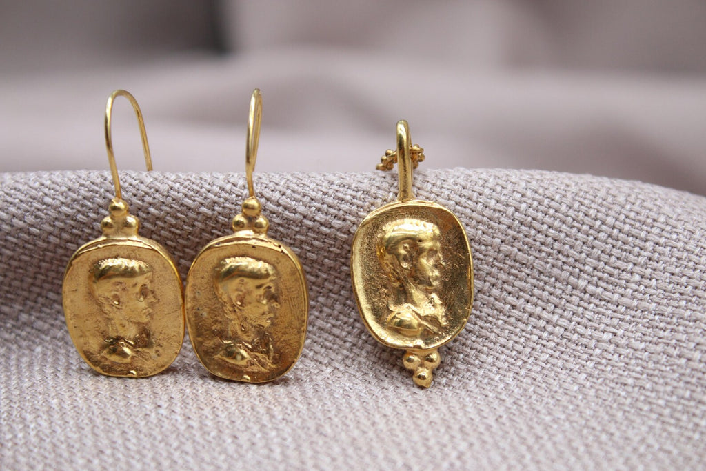 Ancient Coin Jewelry Set 22k Gold Plated Sterling Silver Necklace Earrings