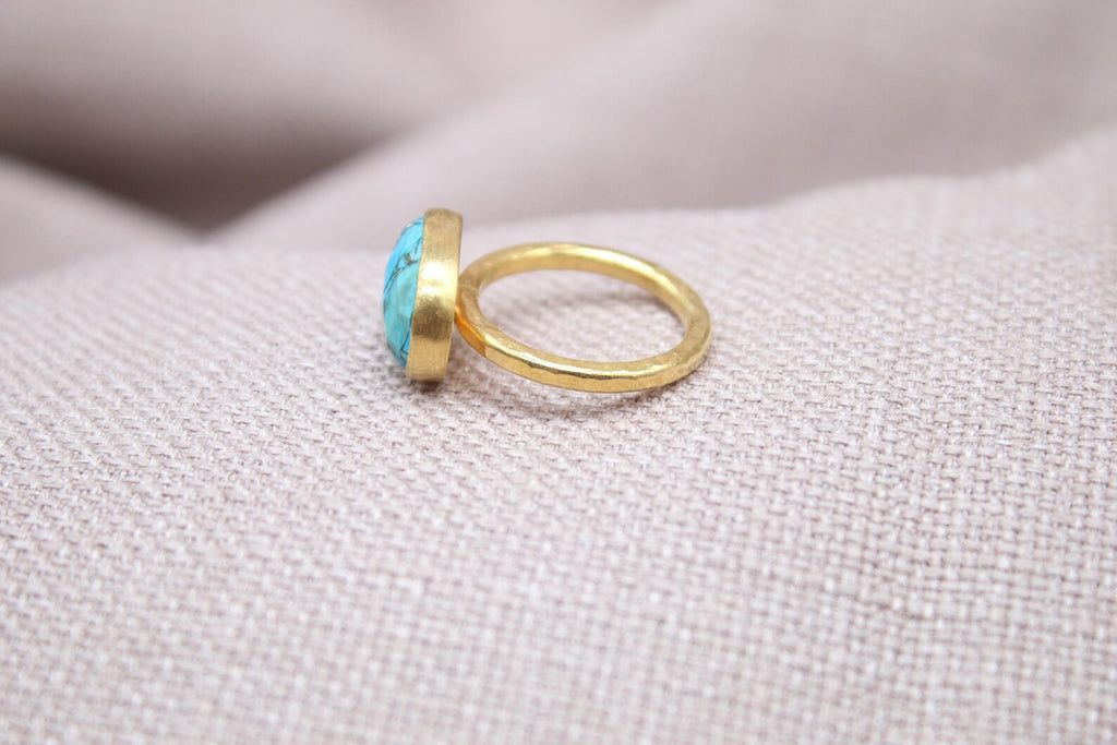 Natural Turquoise Ring 22k Gold Plated Sterling Silver Statement Ring