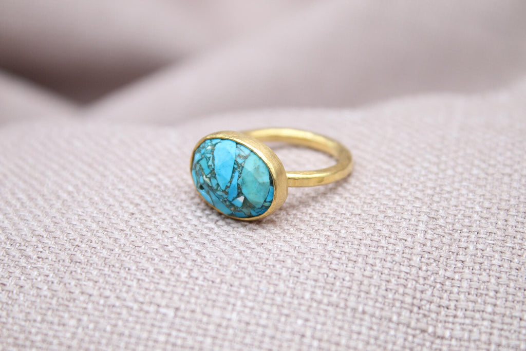 Natural Turquoise Ring 22k Gold Plated Sterling Silver Statement Ring