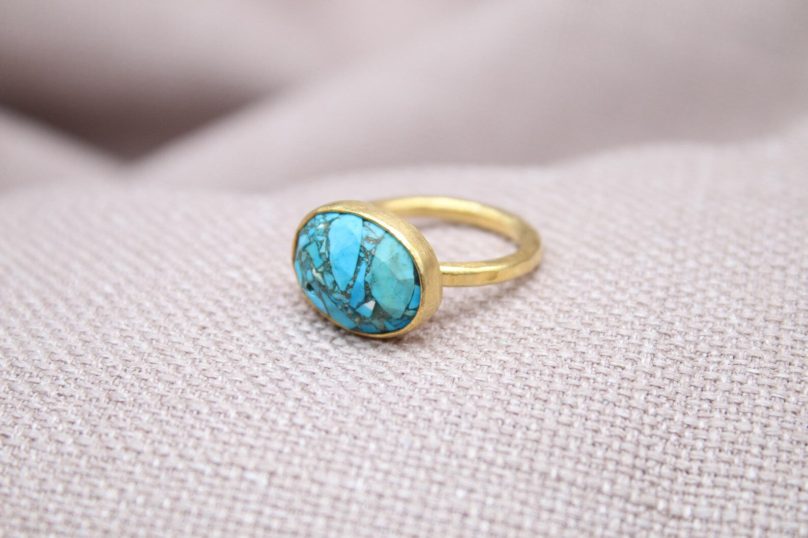 Natural Turquoise Ring 22k Gold Plated Sterling Silver Statement Ring