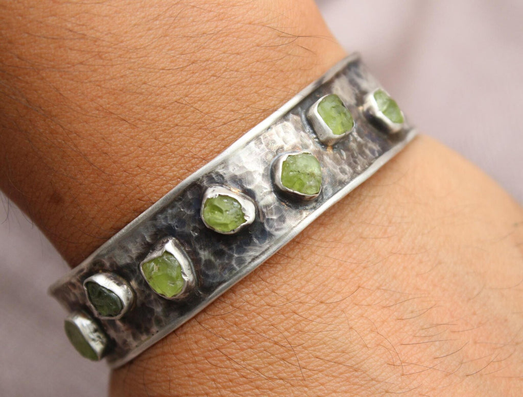 Raw Green Apatite Cuff Bracelet Sterling Silver Handmade Jewelry