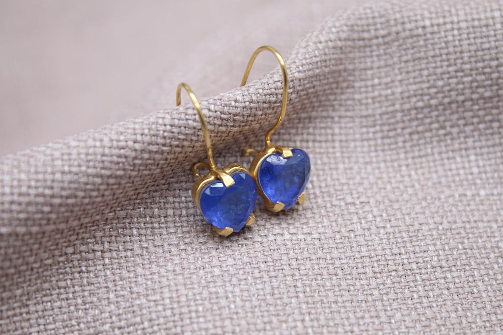 Blue Sapphire Heart Earrings 22k Gold Plated Sterling Silver