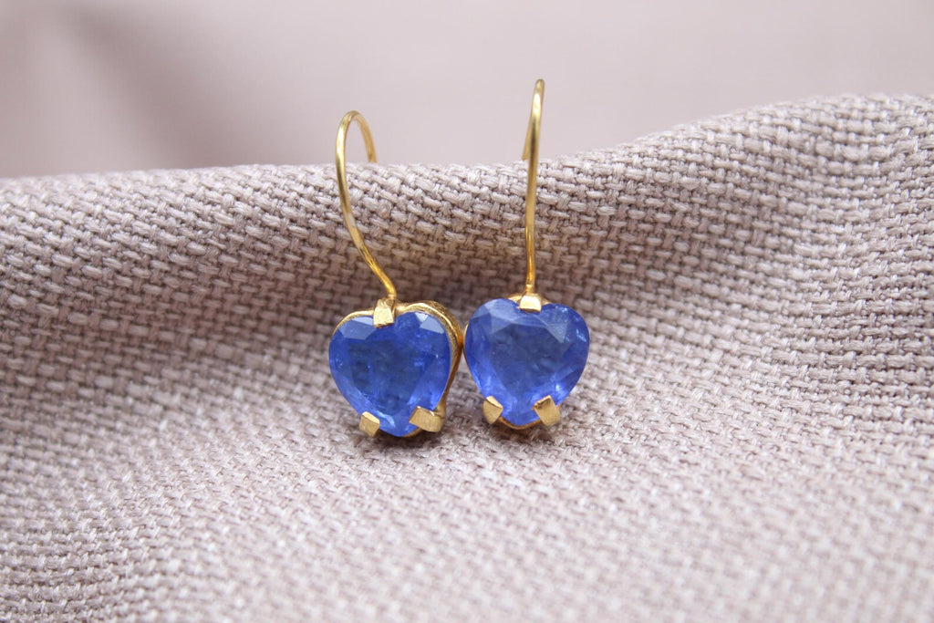Blue Sapphire Heart Earrings 22k Gold Plated Sterling Silver