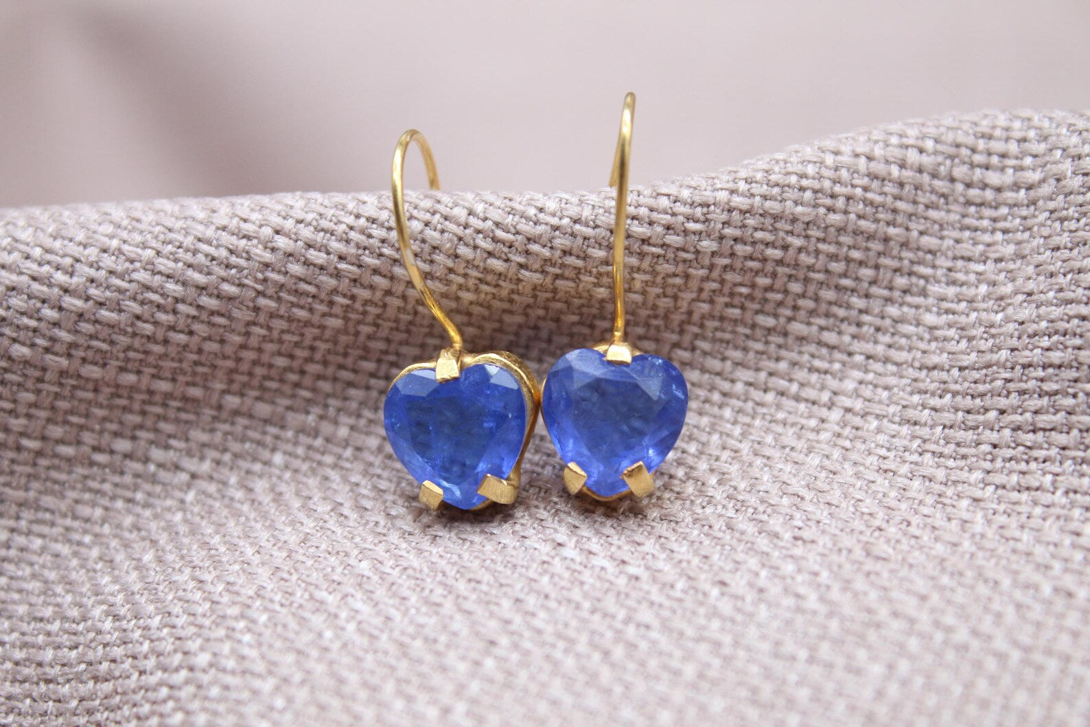 Blue Sapphire Heart Earrings 22k Gold Plated Sterling Silver