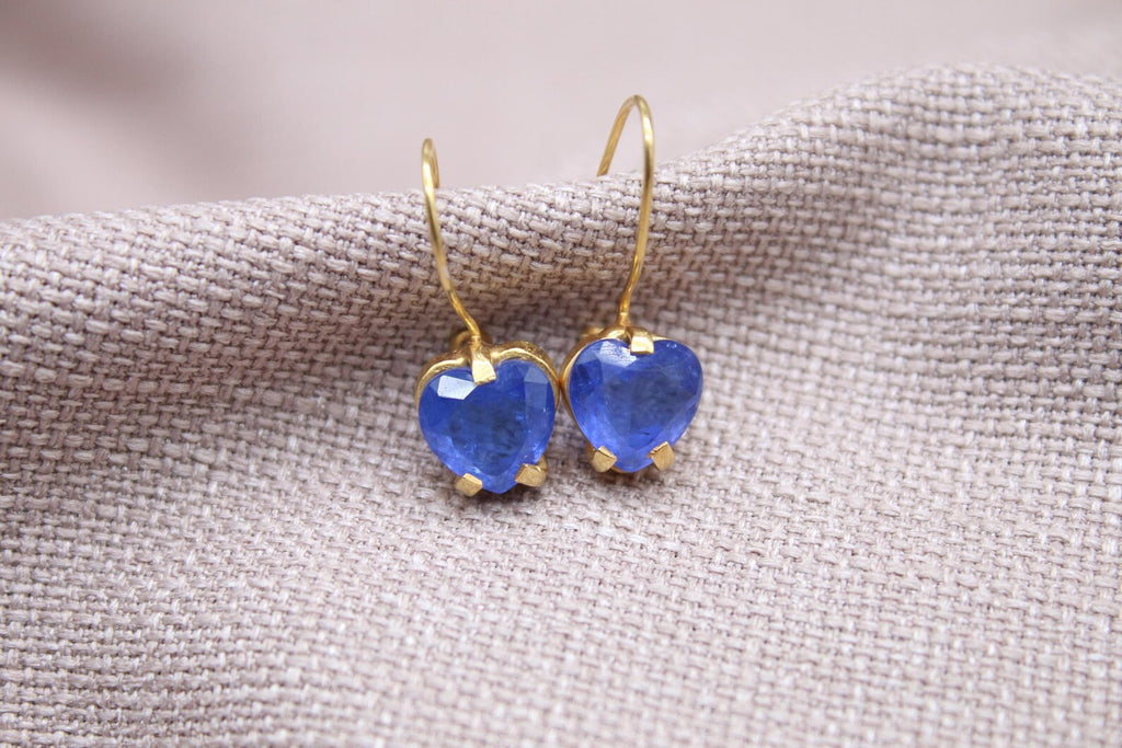 Blue Sapphire Heart Earrings 22k Gold Plated Sterling Silver