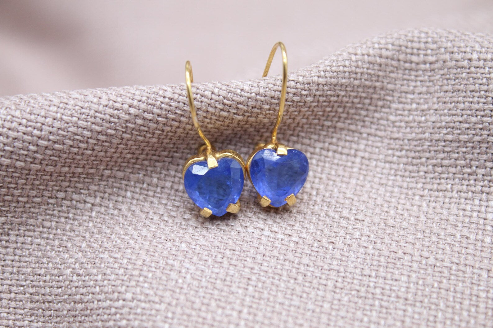 Blue Sapphire Heart Earrings 22k Gold Plated Sterling Silver