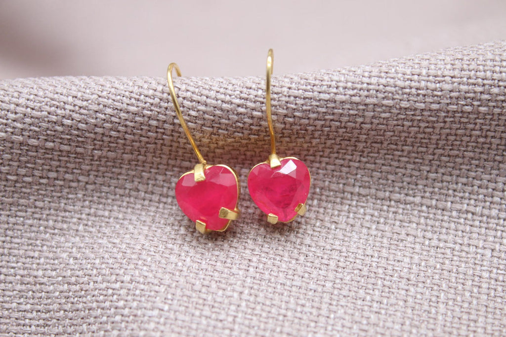 Ruby Heart Earrings 22k Gold Plated Sterling Silver Jewelry