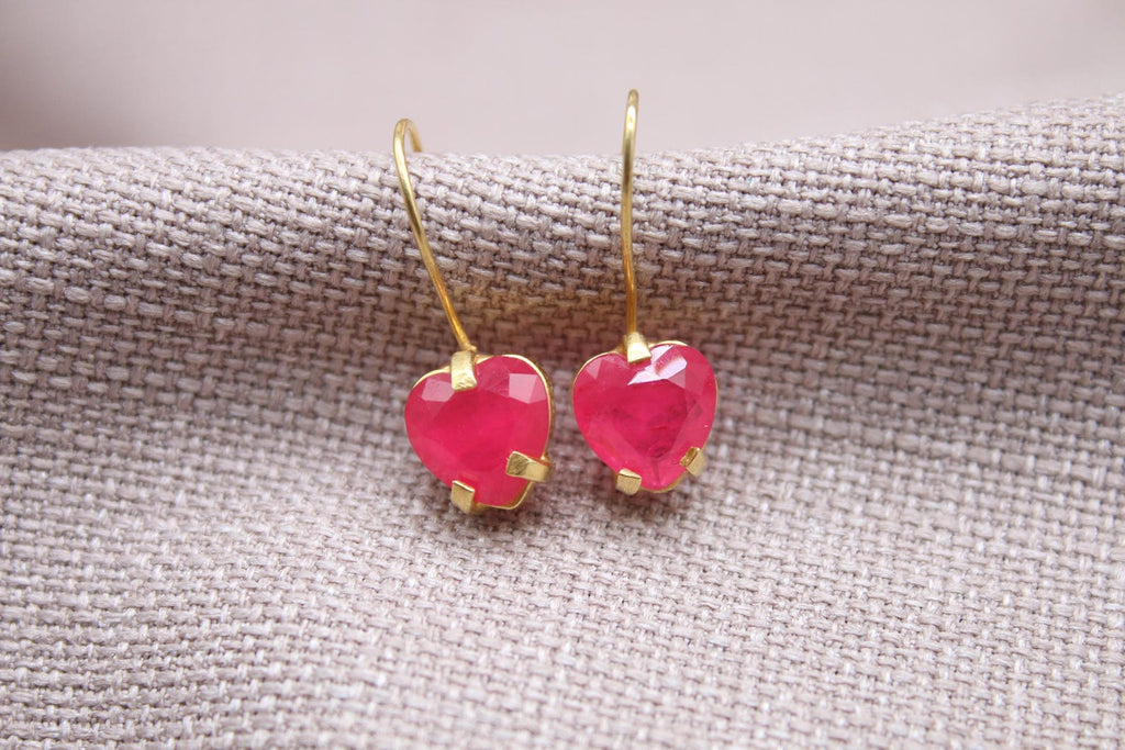 Ruby Heart Earrings 22k Gold Plated Sterling Silver Jewelry
