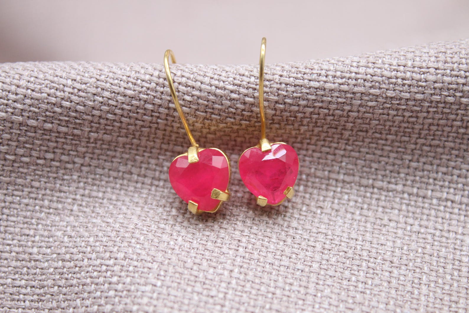Ruby Heart Earrings 22k Gold Plated Sterling Silver Jewelry