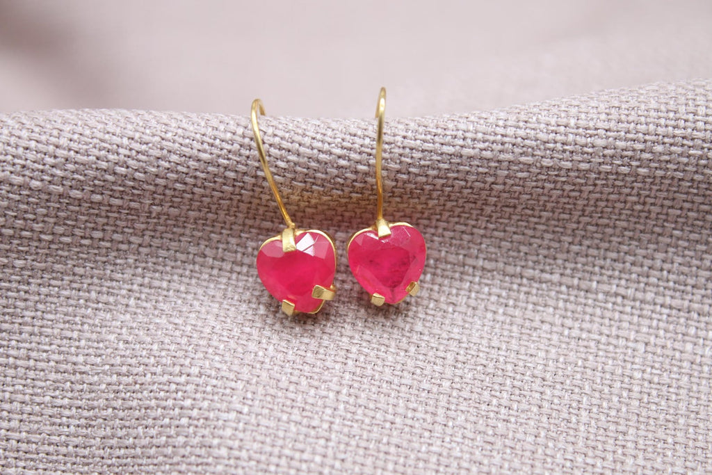 Ruby Heart Earrings 22k Gold Plated Sterling Silver Jewelry