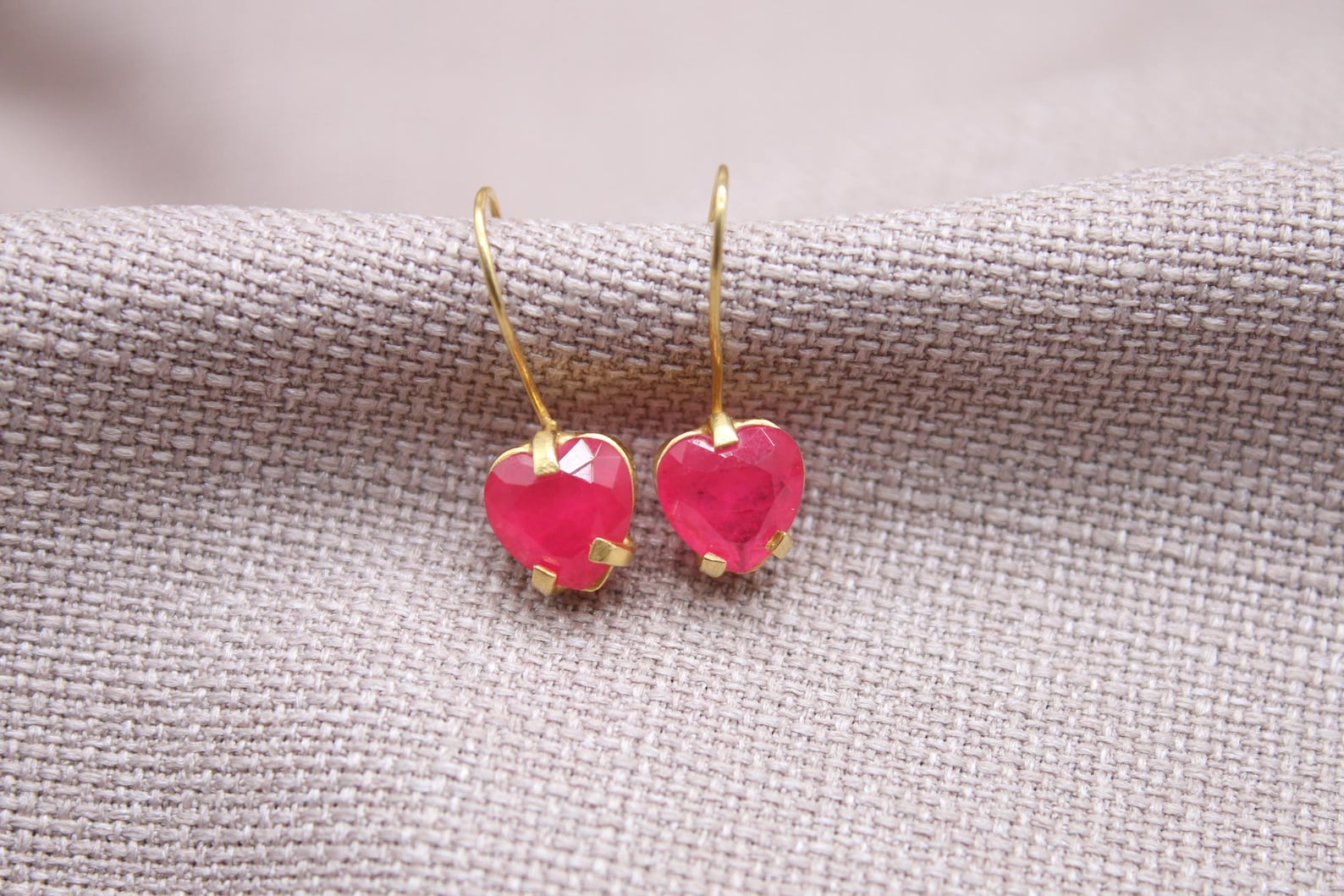 Ruby Heart Earrings 22k Gold Plated Sterling Silver Jewelry