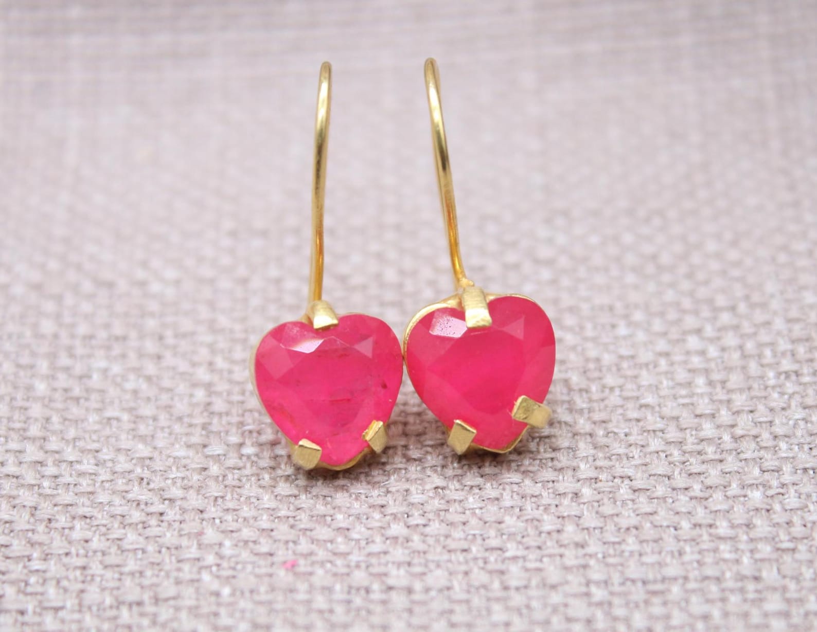 Ruby Heart Earrings 22k Gold Plated Sterling Silver Jewelry